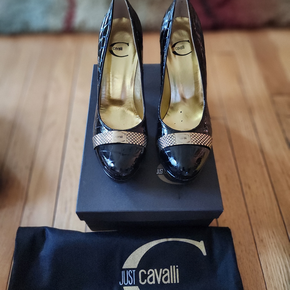 Just Cavalli Black Patent Heels with Gold Detailing